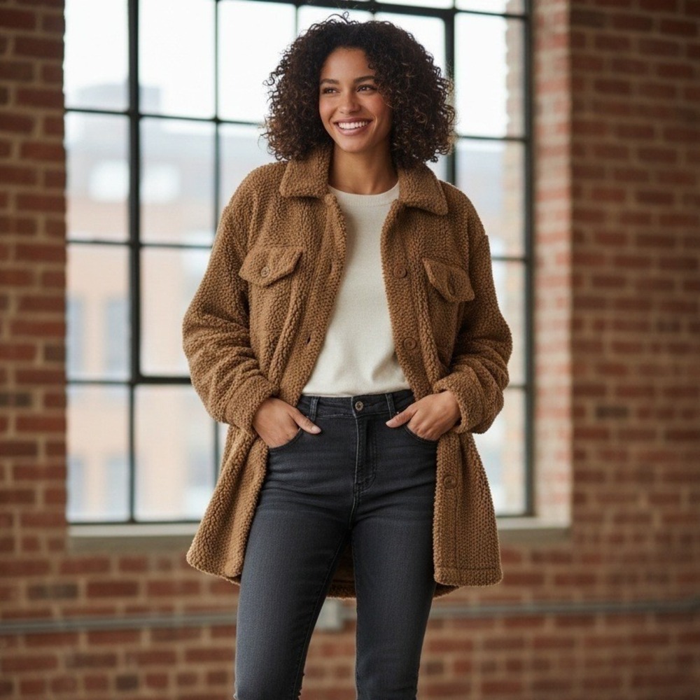 Woman Within Sherpa Fleece Shacket Jacket Women's Size 28W Brown Button Up Heavy
